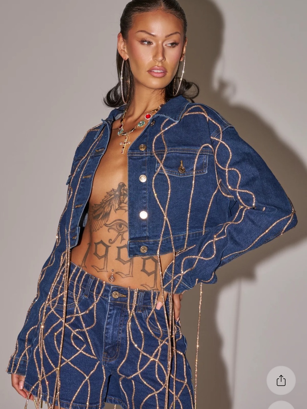 NWT AKIRA Dark Blue Denim Shorts with Gold Fringe - Picture 2 of 7